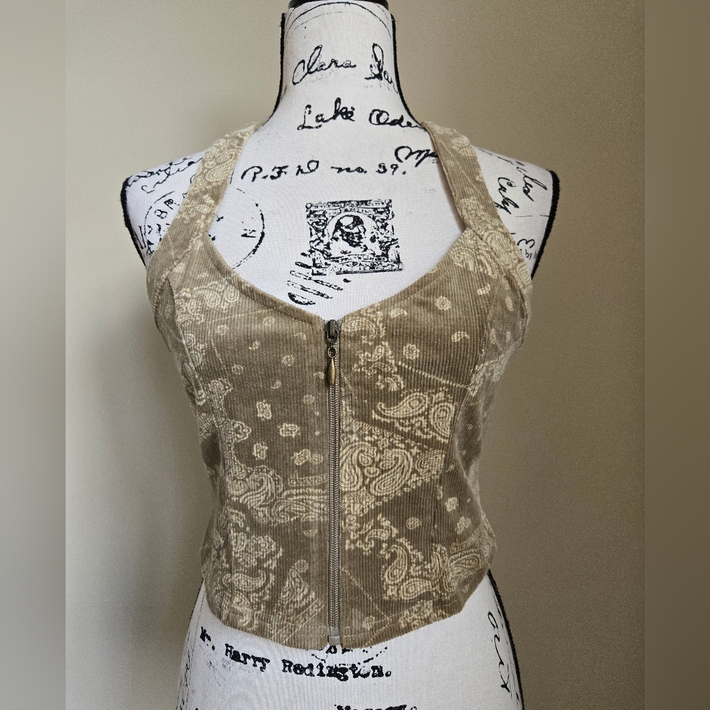 Pretty Garbage Crop Top Womens S Corduroy Zip Front Y2K